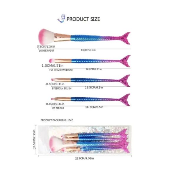Mermaid Makeup Brush Set 4 Pcs Eye Makeup Brushes, Eyeshadow So Cute - Picture 3 of 3